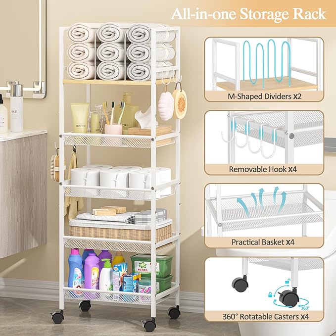 5-Tier Bathroom Storage Shelf, Mobile Metal Free Standing Shelving Unit with Wheels, Towel Rack Organizer with M-Shaped Detachable Dividers & 4 S-Hooks, Rolling Cart for Bathroom Laundry Kitchen,White