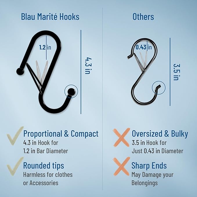 6-Pack Metal S Hooks for Hanging – Heavy-Duty S-Shaped Hook with Safety Buckle – Fits Bars up to 1.2 in – Anti-Drop S-Hooks for Closet, Wardrobes & Storage – White (Large)
