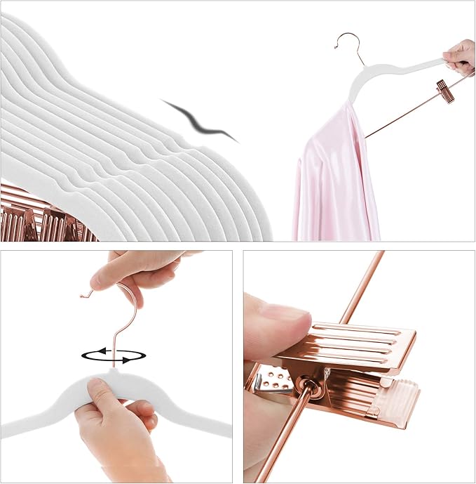 SONGMICS 24-Pack Velvet Pants Hangers, 16.7-Inch Long Coat Hangers with Rose Gold Colored Movable Clips, Heavy-Duty, Non-Slip, Space-Saving, for Pants, Skirts, Dresses, White UCRF014W01