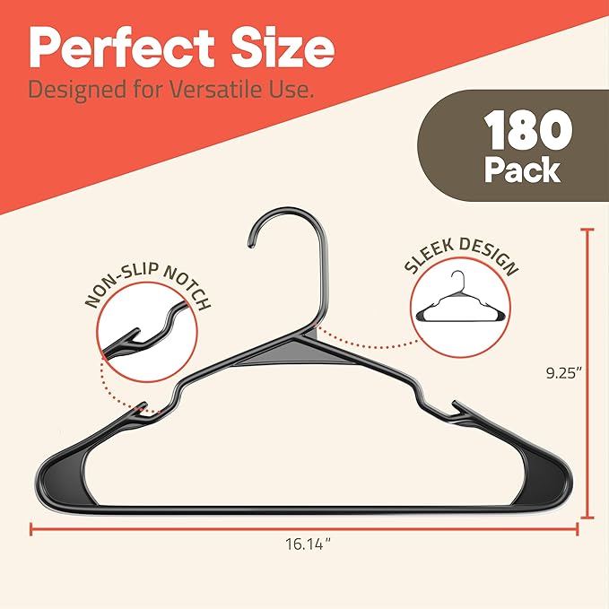 Gray Plastic Hangers 180 Pack– Heavy-Duty Plastic Hangers Slim and Space-Saving, Durable and Lightweight PP with Non-Slip Shoulder Notches for Slip Dresses, Suits, Jackets & Camisoles