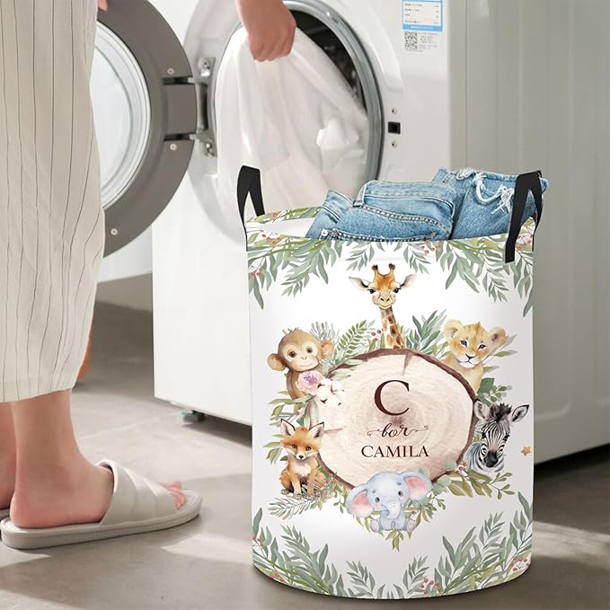 Personalized Baby Name Hamper with Name, Custom Laundry Baskets for Toddler Adults, Customize Woodland Animals Baby Boys Laundry Hamper Storage Organizer 2 Sizes for Nursery