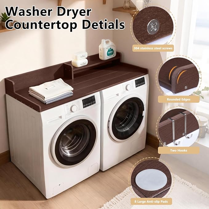 Washer Dryer Countertop, HDPE Laundry Countertop with Storage Shelf and Edge Rails-Brown