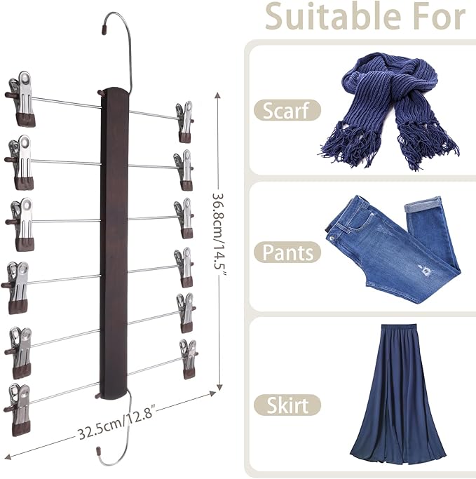 Skirt Hangers Space Saving,6 Tier Closet Organizers & Storage,Wooden Magic Hanger & Hanger with Clips,Pants-Hangers-Space-Saving for Hanging Pants Skirts Shorts Scarf Jeans（2 Piece）