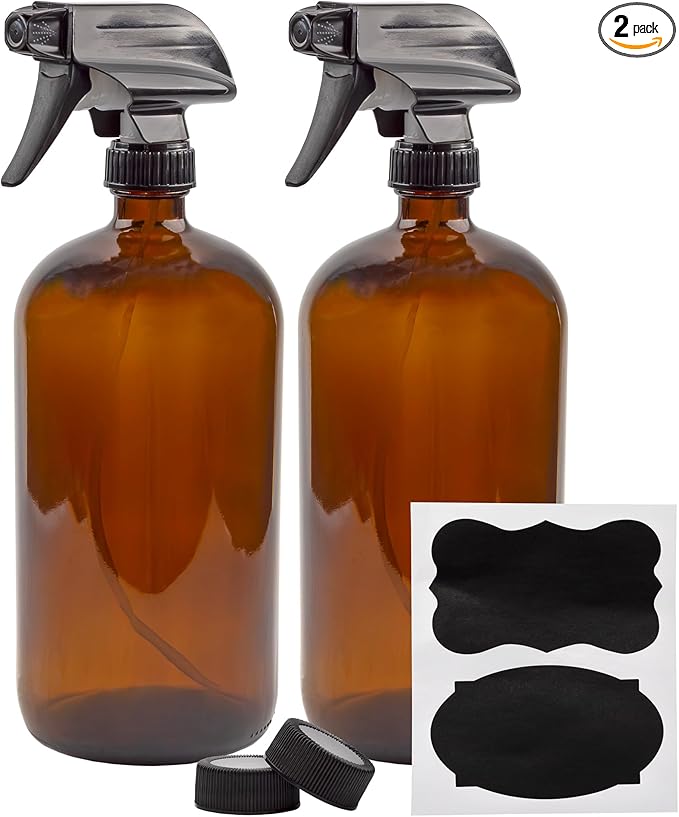 Cornucopia Brands 32oz Amber Glass Spray Bottles (Pack of 2) Brown Bottles w/ 3-Setting Trigger Sprayers; Includes Caps for Storage