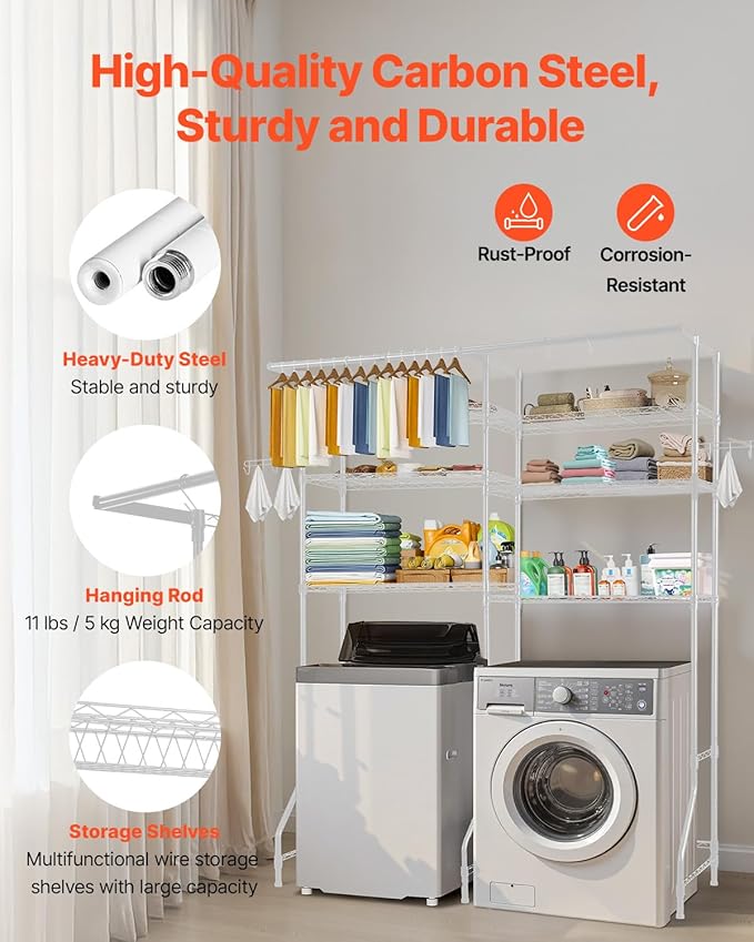 VEVOR Over The Washer and Dryer Storage Shelf, 6 Tier Laundry Room Drying Rack with Hanger Rod and Hooks, Adjustable Over Washer and Dryer Shelves, Laundry Room Shelf Storage Space Saver, White