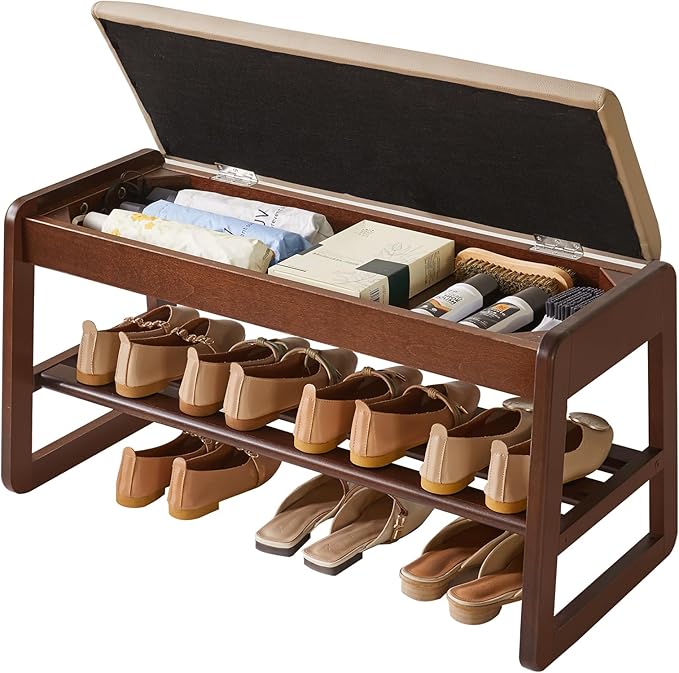 Shoe Rack Bench with Cushion, 2 Tiers Wood Shoe Bench with Flip-Top Storage, 31.5in Shoe Rack for Entryway, Hallway, Walnut Color YD-WD061B