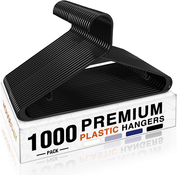 HOUSE DAY 1000 Pack Plastic Clothes Hangers, Commercial Bulk Shipment for Business, Sturdy Durable Lightweight Hanger Black Ideal for Retail Dry Cleaners Warehouses, Save Cost & Warehouse Space