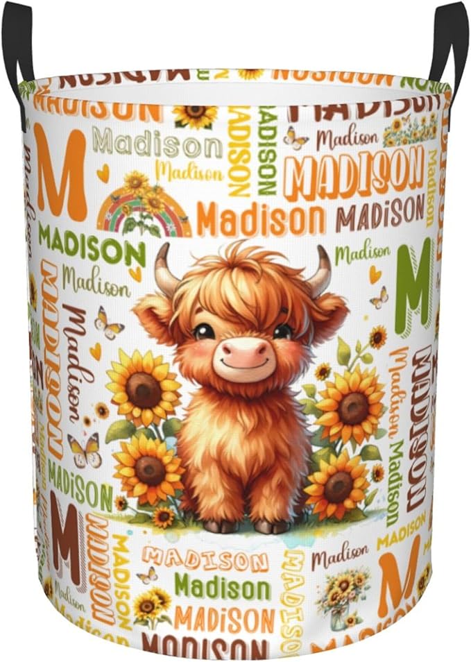 Personalized Highland Cattle Laundry Basket For Baby Kids Girls Adult Custom Hamper Basket With Name For Bathroom Bedrooms Collapsible Baby Laundry Basket, Dirty Clothes Hamper With Handles
