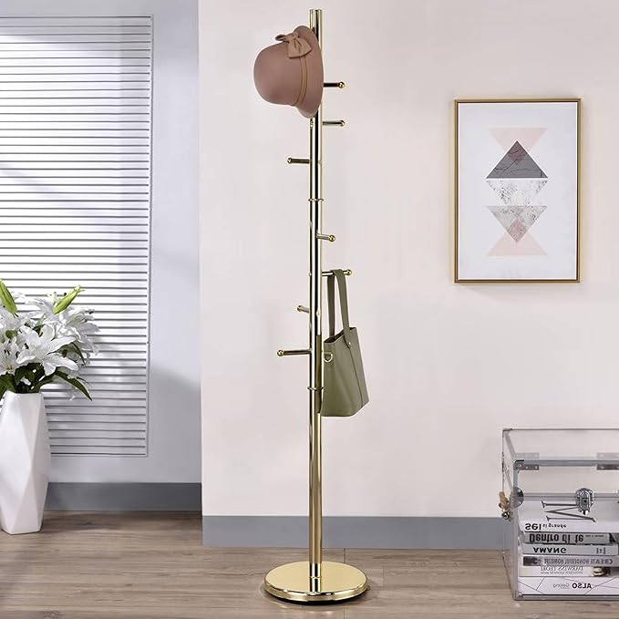 Kings Brand Furniture - Hyre 8 Hook Entryway Hall Tree Coat & Hat Rack Stand, Brass