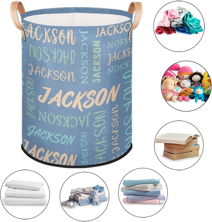 Custom Name Large Laundry-Basket for Kids-Boys-Girls, Personalized Foldable Waterproof Laundry Hamper Dirty Clothes Toys Storage Bin with Handles,Light Blue