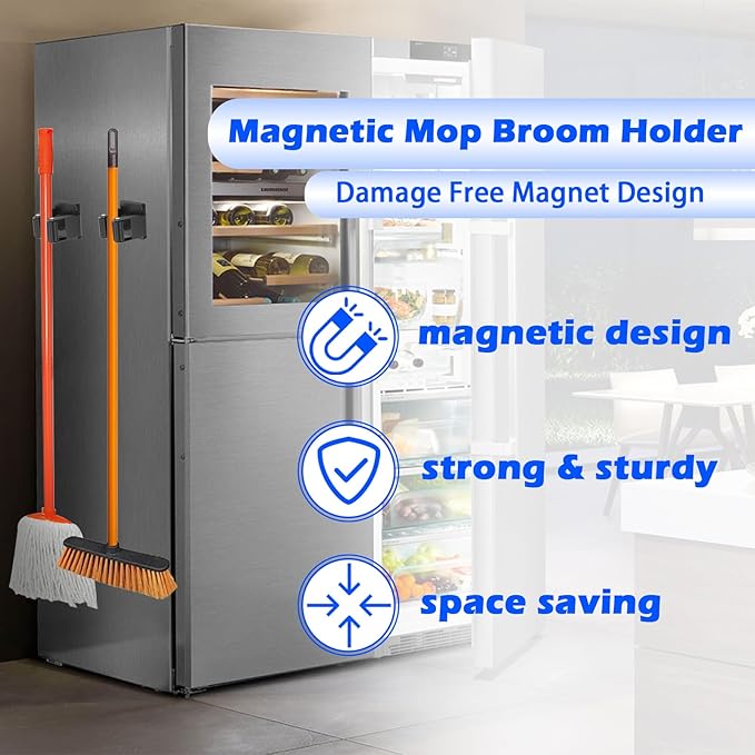 Strong Magnetic Mop Broom Holder, 2 Pack Heavy Duty Magnetic Mop Hanger for Refrigerators, Magnet Wall Mount Broom Holder Tool Storage for Laundry Room Garage Kitchen Workshops Metal Shed
