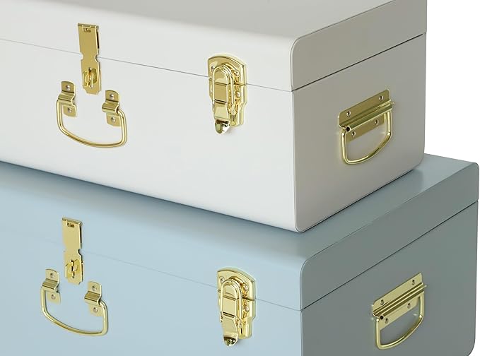 Vixdonos Decorative Large Metal Box Storage Trunk Chest Set of 2 College Dorm Organizer with Hardware Hasps and Handle for Home Deocr,23.7X14.2X9.5 Inches(White and Blue)