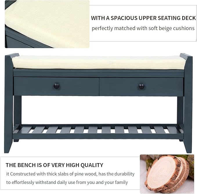 Harper & Bright Designs TREXM Shoe Rack with Cushioned Seat and Drawers, Multipurpose Entryway Storage Bench (Antique Navy)