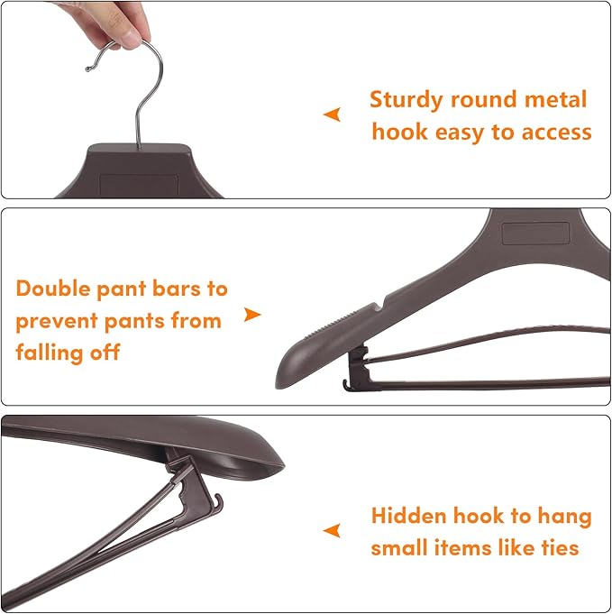 DEDU Suit Hangers for Men 40 Pack, Brown Coat Hangers Extra Wide Non Slip Width 17.7", Thick Plastic with Pants Bar & Metal Hook