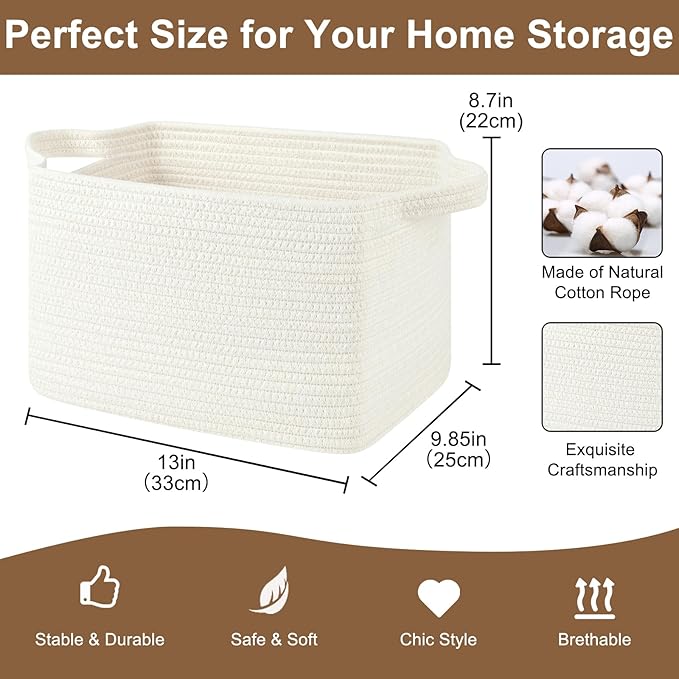 Storage Basket for Organizing, Woven Baskets for Storage, Rectangle Decorative Baskets for Shleves, Closet, Toys, Books, Nursery Organizer Bins - Pack of 3 (White, 13"x9.85"x8.7")