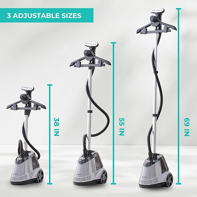 True & Tidy Heavy Duty Commercial Full Size Standing Garment Steamer for Clothes with Extra Large 3L (101 oz) Water Tank for 90+ mins of Steam Time, 1800 watts of Powerful Steam, 3 Settings, Gray