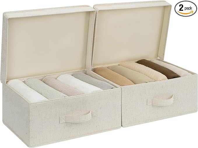 StorageWorks Closet Storage Bin with Lids, Decorative Storage Boxes with Handle, Fabric Storage Bins for Clothes, 15" x11¼x 6¼", Beige, 2-Pack
