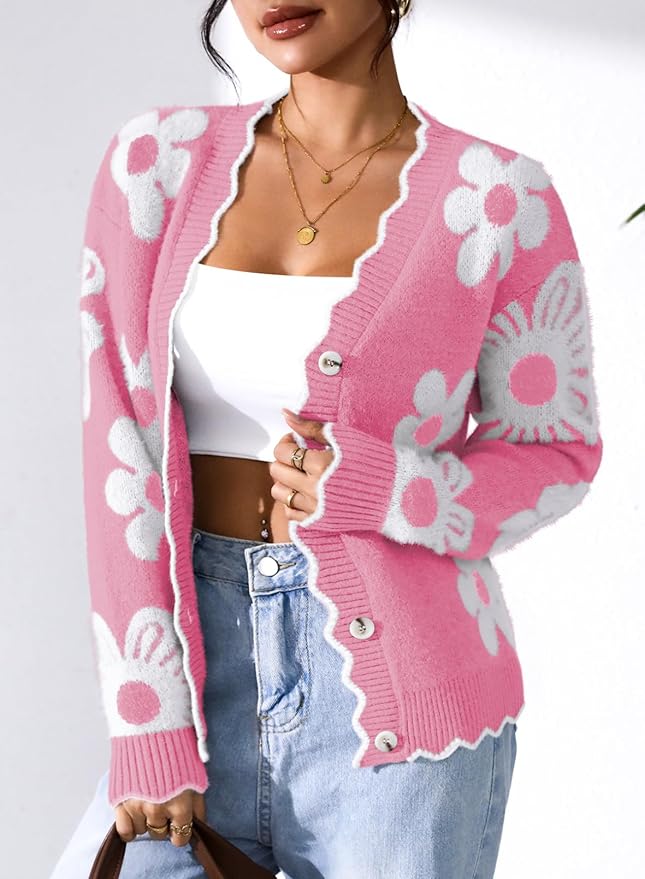 Pink Queen Fuzzy Sweater Cardigan for Women 2025 Fashion Long Sleeve Flower Outerwear Button Down Open Front Cardigan Coat