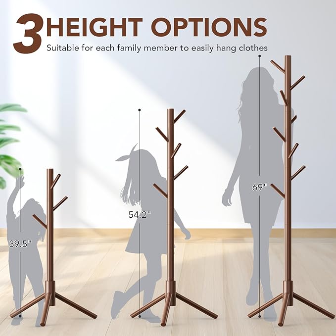 Wooden Coat Rack Freestanding with 8 Hooks,Easy Assembly New Zealand Pine Tree Coat Racks, 3 Adjustable Sizes for Clothes, Hats, Bags, for Entryway, Hallway, Bedroom, Office (Brown, 1 PC)