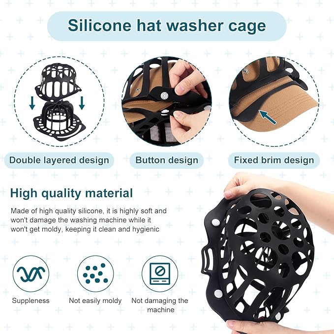 OCR Silicone Hat Washer Cage for Baseball Caps - Gentle Washing, Durable & Reusable Hat Cleaner for Flat & Curved Hats, Fits Most Sizes, Easy-to-Use Washing Machine Tool (Black)