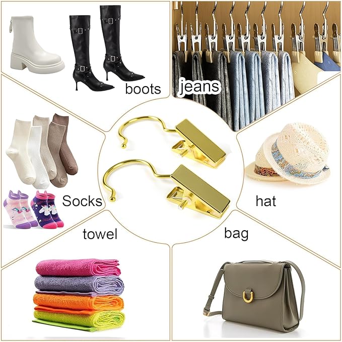 20 Pcs Gold Boot Clips for Closet, Gold Boot Hangers with Hooks, Clothes Pins, Single Clip Hangers, Portable Home Travel Hangers for Hats, Socks, Towels, Bras