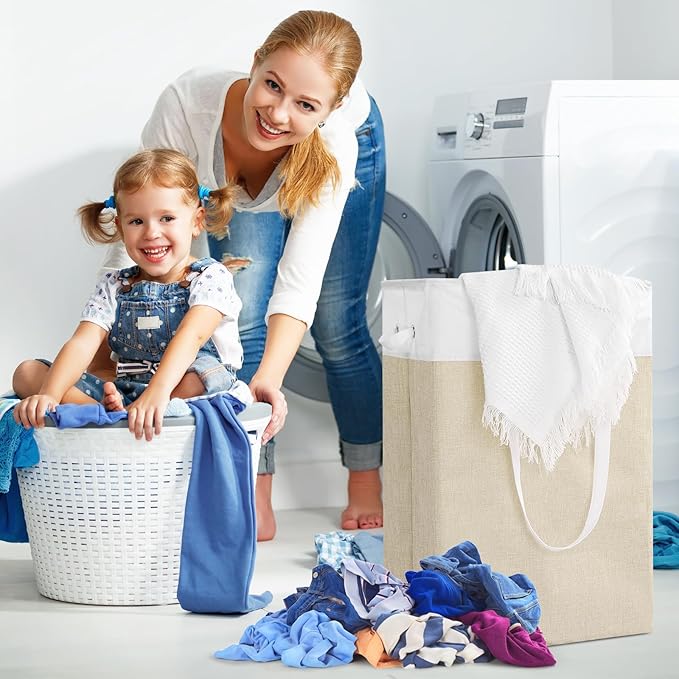 Stero Fabric Laundry Hamper 2 PACK, 75L Large Laundry Basket with Handles, Collapsible Dirty Clothes Hamper for Laundry Dorm, Bedroom, Bathroom, White&Beige