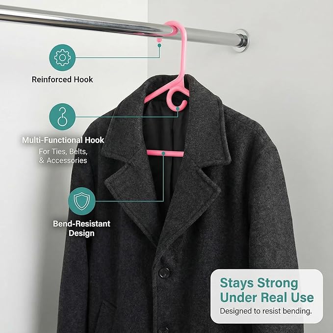 DEILSY™ Pink Heavy Duty Hangers with Hooks for Scarves & Belts – Thick and Strong Clothes Hangers for Shirts, Jackets, Pants, and Dresses – Space-Saving Plastic Hangers – Pack of 50
