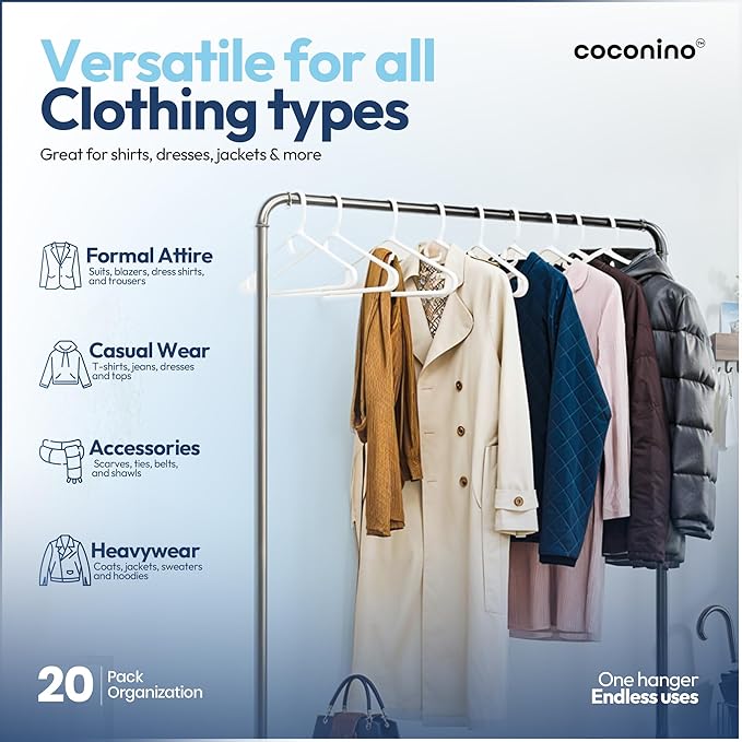 coconino Plastic Hangers 20 Pack - Non-Slip Clothes Hangers with Built-in Hooks - Heavy Duty Space Saving Coat Hangers for Closet - Durable Clothing Hanger for Shirts, Pants, Dress, Coats - White