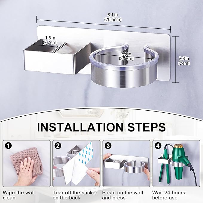 Hair Dryer Holder Wall Mount, Stainless Steel Straightener Holder, Adhesive Blow Dryer Holder and Curling Iron Holder Storage, Hair Tools Organizer for Bathroom Barber Shop Hotel