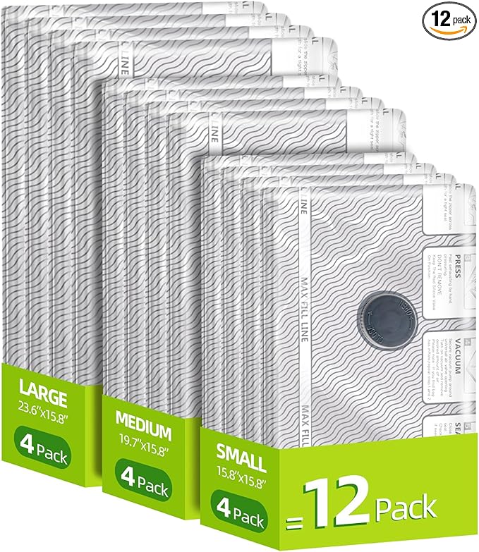 12 Pack Travel Vacuum Bags for Clothing,Compression Seal Packing Cubes for Luggage Suitcase Backpack,Carry-on Size Space Saver Storage Bags 80% Space Saver for travel,outdoor and home use.