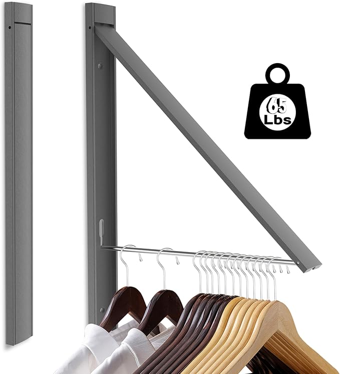 Wall Mounted Clothes Drying Rack - Foldable Space Saving Design, No Drill Installation, 65lb Heavy Duty Capacity, Rust-Proof Aluminum Alloy for Laundry Room (Gray)
