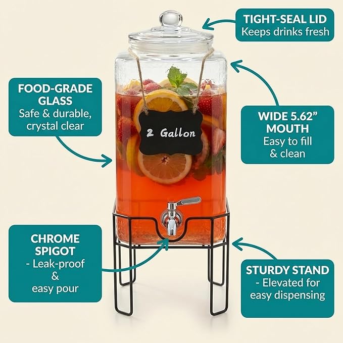 2 Gallon Glass Drink Dispenser, Drink Dispensers for Parties, Beverage Dispenser with Stand and Glass Lid, 100% Leakproof Spigot, Ideal for Lemonade, Juice, Laundry Detergent Dispenser