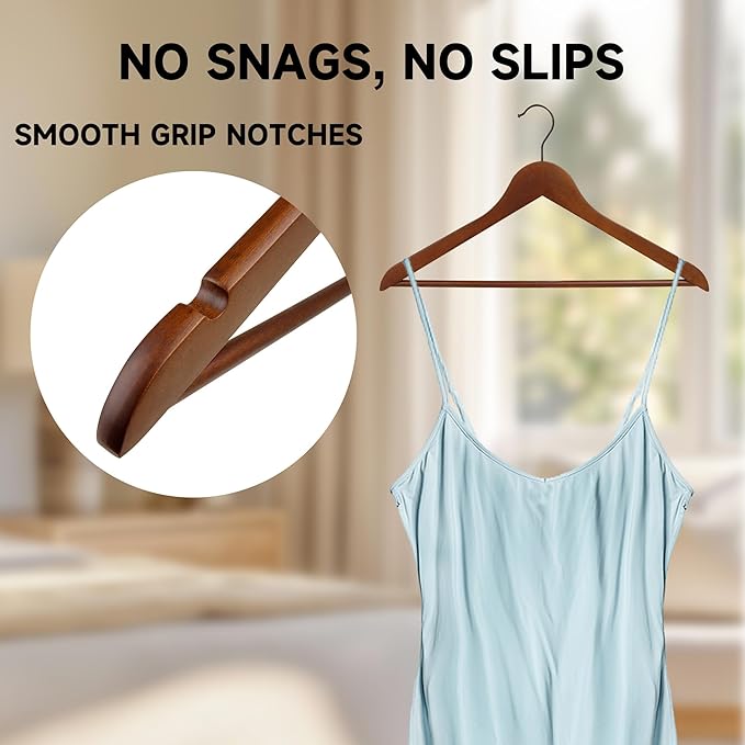 Quality Wooden Clothes Hangers, Solid Wood Suit & Coat Hangers with Pants Bars, Swivel Hook, Shoulder Notches, Heavy Duty Hangers for Shirts, Jackets, Dresses & Trousers(Walnut/12-Pack)