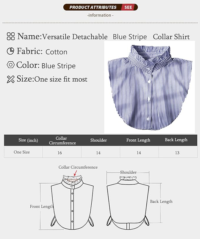 GUZOSJO Blue Striped Detachable Collar Shirt,Dickey Half Blouse False Collar for Lady Girls Men