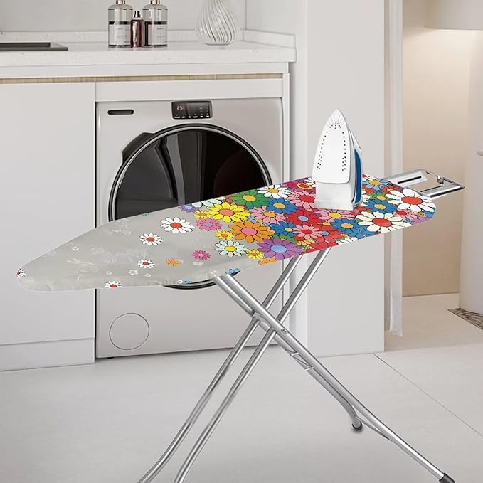 Hippie Flowers Print Marble Heat & Stain Resistant Ironing Board Cloth, Easy-Fit Iron Cover with Fasteners Elastic Edge Adjustable Fastener Straps for Ironing Board Decor