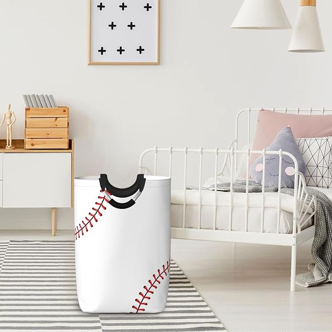 Red Stitching Baseball Laundry Hamper White Ball Storage Basket Toys Clothes Organizer Bin For Home Bathroom Bedroom Dorm Nursery, 52l