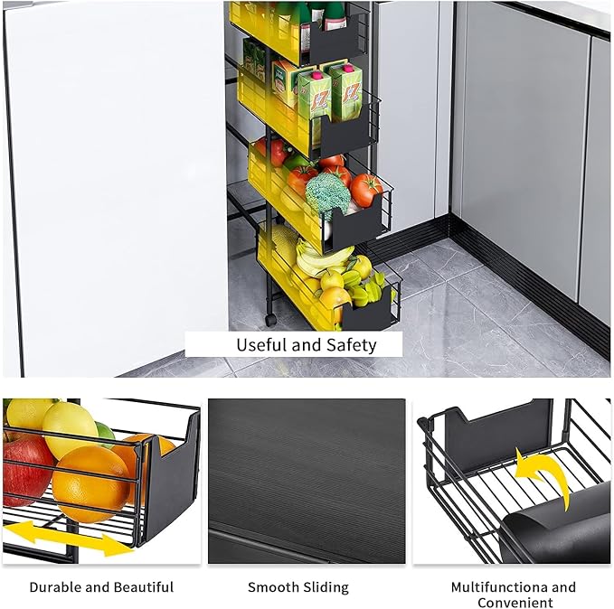 WHIFEA 5 Tier Slim Rolling Cart with Pull-Out Drawers, Multi-Layer Narrow Storage Shelf Organizer on Wheels, Metal Wire Baskets for Fruit, Dishes, Freestanding Unit for Kitchen, Bathroom, Home Office