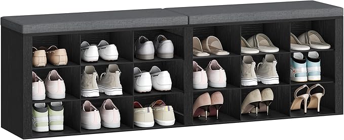 Shoe Storage Bench with Cushion, Entryway Storage Bench with 18 Cubbies, 9.5" Widened Organizer Cabinet, Long Cubby Rack for Living Room, Bedroom, Entryway, Black SB25704GY