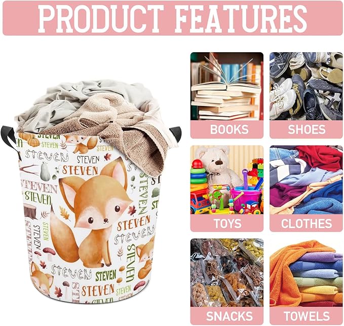 Fox Laundry Basket,Personalized Laundry Hamper for Boys Girls,Custom Laundry Basket With Name, Customized Dirty Clothes Hamper for Bathroom Bedrooms,S-16.5"X 13.8"