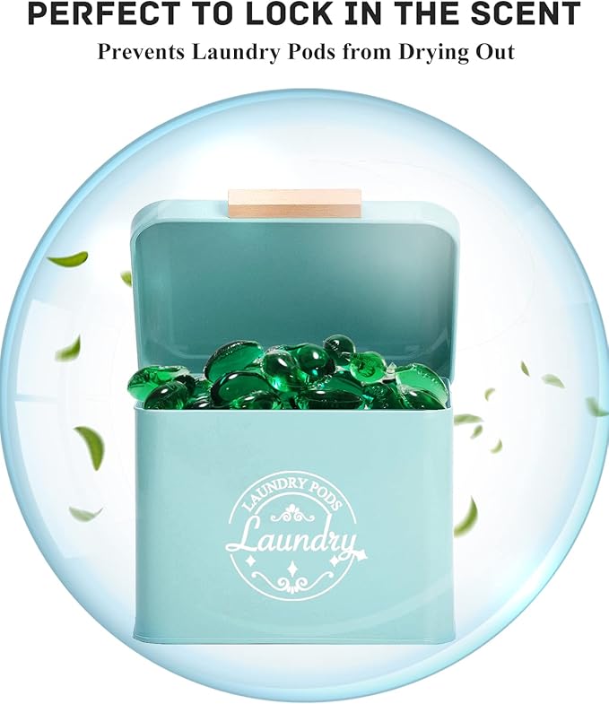 Laundry Pods Holder with Hinged Lid, Farmhouse Space-Saving Metal Container for Laundry Room Decor Organization and Storage, Detergent Dispenser for Efficient Laundry Room Use (Green)