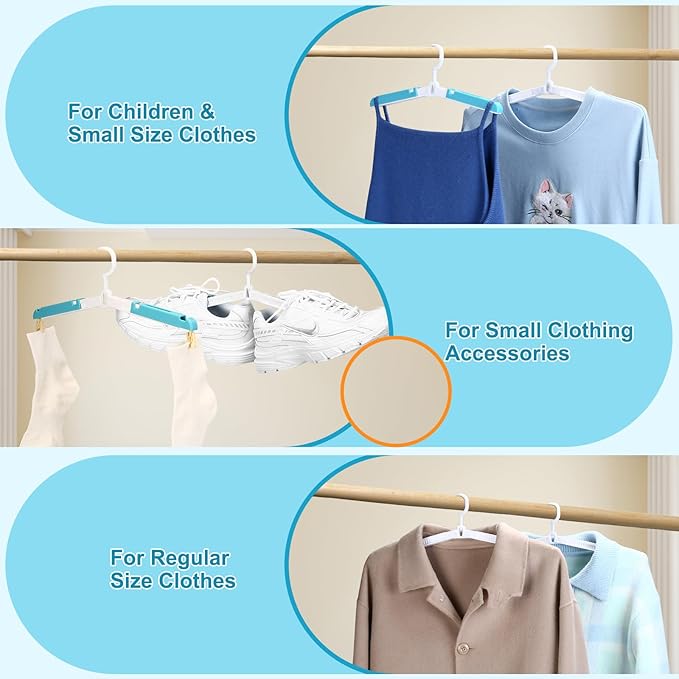 6 Pack Fodable Travel Hangers with Clips & Adjustable Clothesline, Portable Collapsible Hangers with Storage Bag for Suitcase, Hotel, RV, Cruise Essentials Set (Blue)