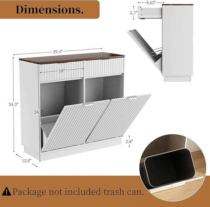 Double Tilt-Out Trash Cabinet, Laundry Hamper Cabinet with 2 Drawers, 39.4W x 34.3H x 13.8D inches, Walnut+White, Wave-Textured Front.