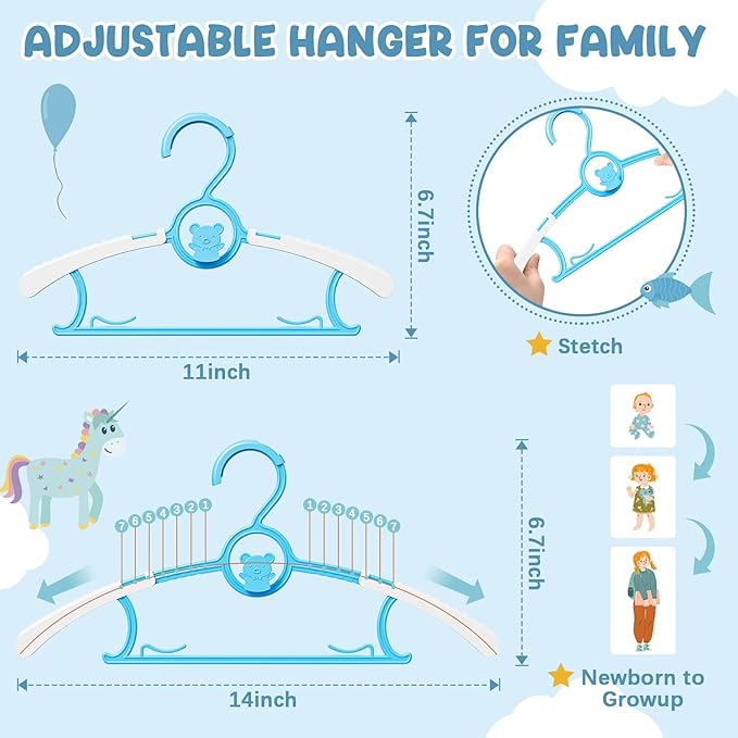 50 Pack Kids Hangers for Nursery Closet, Adjustable Non-Slip Toddler Baby Hangers with Windproof Buckle, 11-14" Infant Child Plastic Clothes Pant Hanger for Boys Girls Newborn Adult, Blue
