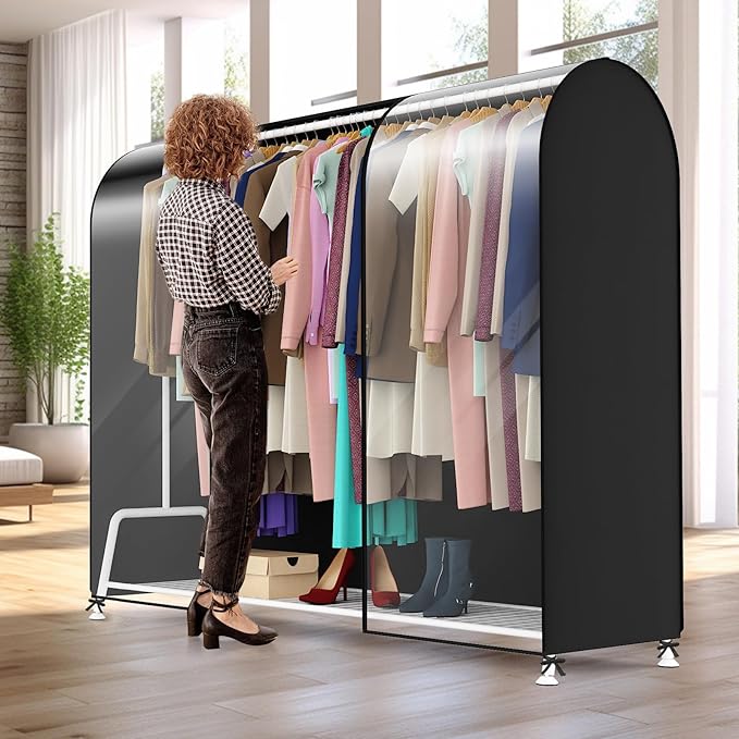 Kntiwiwo Clear Garment Rack Cover, Clothes Rack Cover Clothing Rack Cover with Durable Zippers for Garment Rack, Clothes Rack, Black, 72"L x 20"W x 60"H (Rack Not Included)