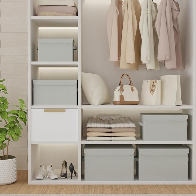 Fabric Storage Bin with Lid, Closet Boxes with Cover, Collapsible Stackable Organizer Basket with 2 Handles, for Home and Bedroom, 2 Pack, Grey, 10.2 x 7.9 x 6.7 In, XSNY12GS-2