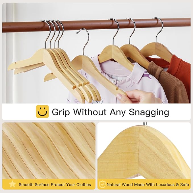 Kids Wooden Hangers 18 Pack,Baby Clothes Hanger with Smooth Finish Natural,Baby Wood Hangers with Non Slip Notches and Anti-Rust 360-degree Swivel Hook,Durable and Strong Wood for Closet