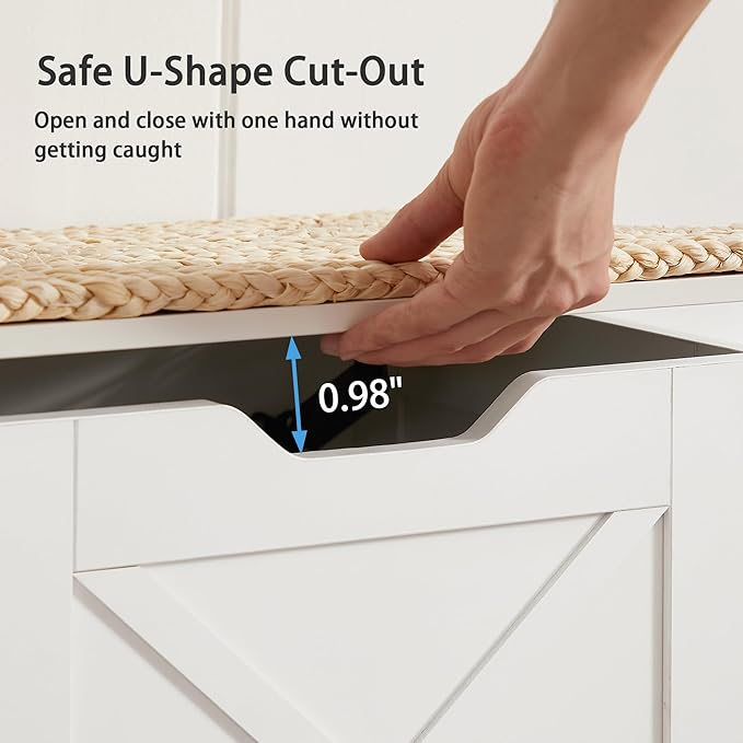 VECELO 17.7" Storage Bench, Entryway Shoe Ottoman, Farmhouse Style Bench with Handwoven Cushion and Metal Safety Hinges, for Bedroom, Living Room, Entryway, White