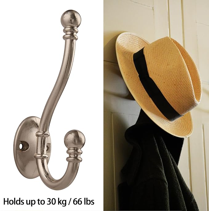 HASWARE 6 PCS Double Prong Robe Hook, Large Dual Coat Hooks with 12 Pieces Screws Wall Mounted Hooks Robe Antique Hooks Hangers Heavy Duty for Home Coats Hat Clothes Hanger Towel Keys (Satin Nickel)