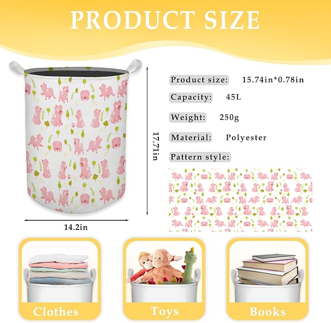 Pink Pig Laundry Basket, Toybox for Girls Room, Pink Laundry Basket Hamper Waterproof Collapsible Clothes Toys Storage Bin Organizer for Bedroom Bathroom Nursery Girls Room Dorm
