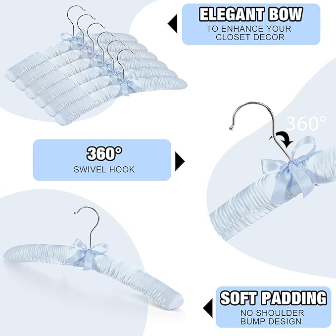 Jetec 12 Pieces Satin Padded Hangers for Women Clothing 15 Inch Satin Hangers 360° Swiveling Hook Sponge Shoulder Padded Hanger for Sweaters, Coat, Blouse, Wedding Dress, Women Cloths (Light Blue)
